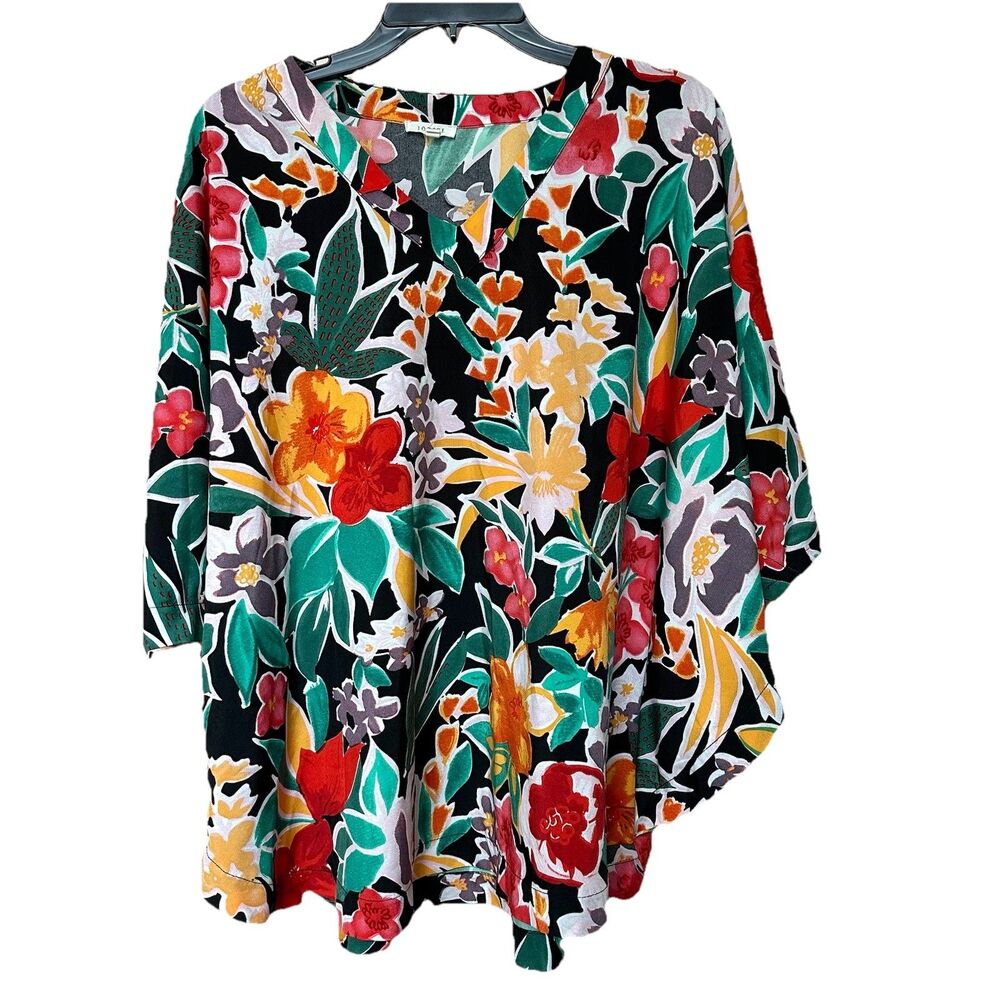 Jodifl Top Women Sm V Neck Dolman Sleeve Pullover Oversized Bold Floral Tropical